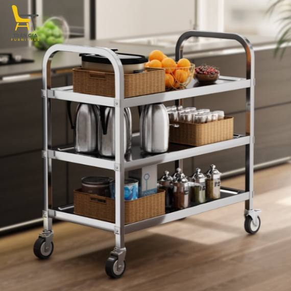 Xe đẩy inox 3 tầng đa năng 4 bánh xe