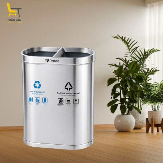 Thùng rác inox 2 ngăn nắp hở phân loại rác