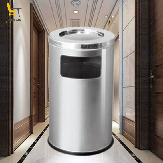 Thùng rác inox gạt tàn cỡ lớn đặt sảnh Ø38cm