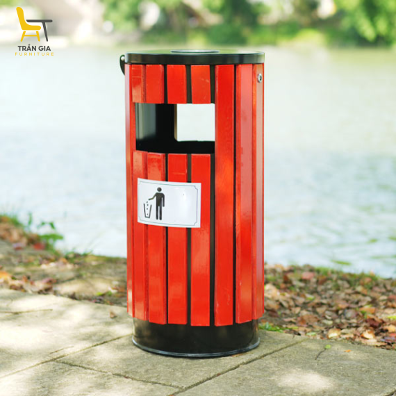 Thùng rác giả gỗ ngoài trời tròn có gạt tàn