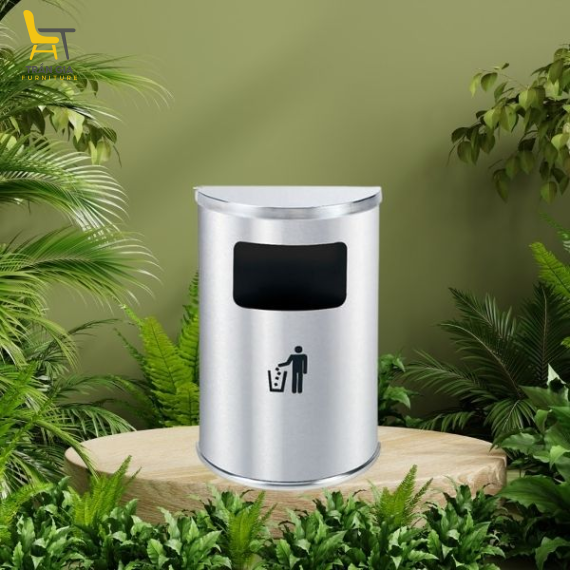 Thùng rác inox hình bán nguyệt trắng
