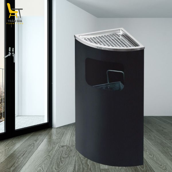 Thùng rác thép đen đặt góc loại có gạt tàn