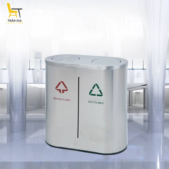 Thùng rác inox nắp lật phân loại 2 ngăn