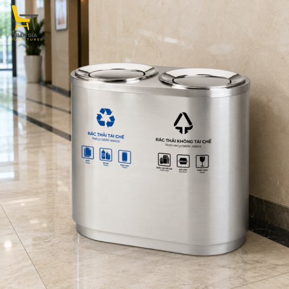 Thùng rác inox 2 ngăn nắp lật phân loại rác