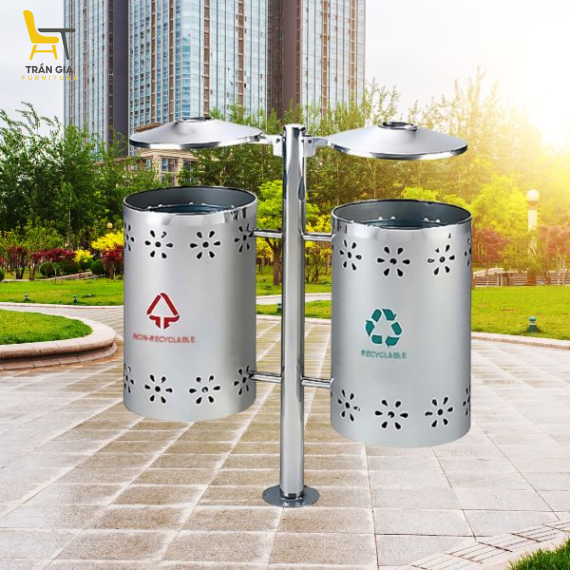 Thùng rác inox treo đôi ngoài trời có gạt tàn