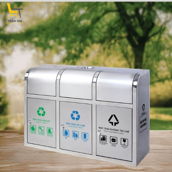 Thùng rác inox 3 ngăn cửa đẩy ngoài trời