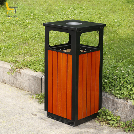 Thùng rác gỗ vuông ngoài trời có gạt tàn