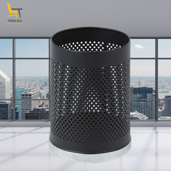 Thùng rác thép sơn tĩnh điện đen dập lỗ đế inox