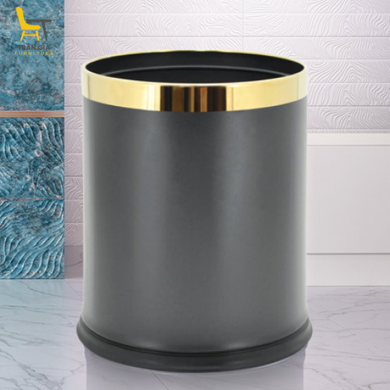 Thùng rác thép sơn đen 2 lớp viền Inox Ø22cm