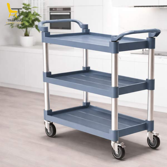 Xe đẩy 3 tầng nhựa màu ghi khung nhôm tròn