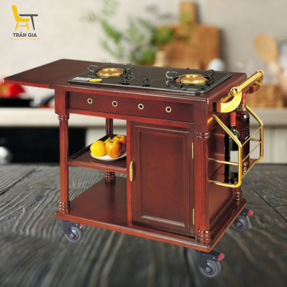Xe đẩy bàn bếp di động có bếp gas đôi