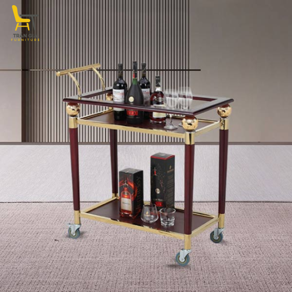 Xe phục vụ rượu đồ uống 2 tầng inox kết hợp gỗ