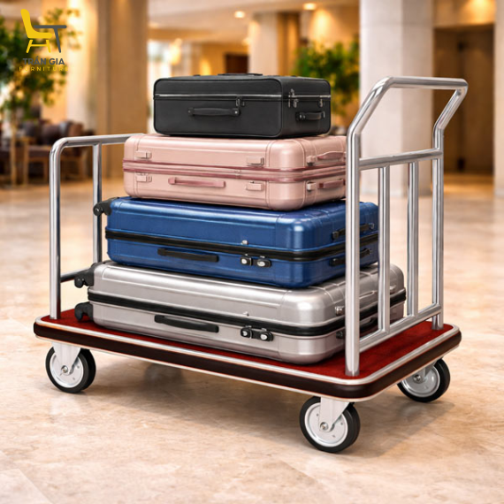 Xe đẩy hành lý hình chữ U inox trắng/ vàng
