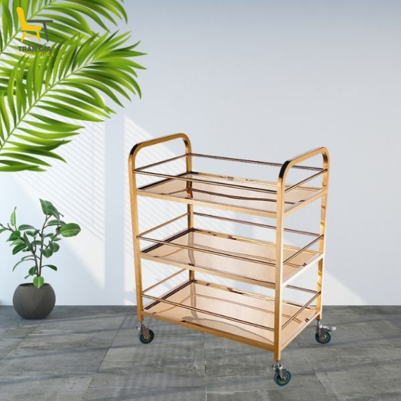Xe phục vụ bàn ăn inox mạ vàng 3 tầng