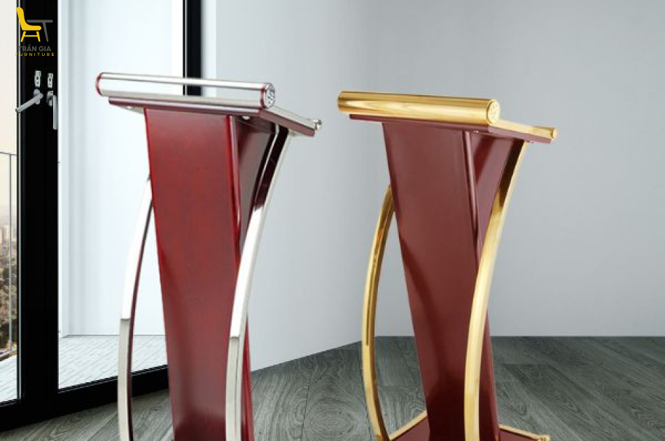 Bục phát biểu hội trường gỗ viền inox trắng/vàng