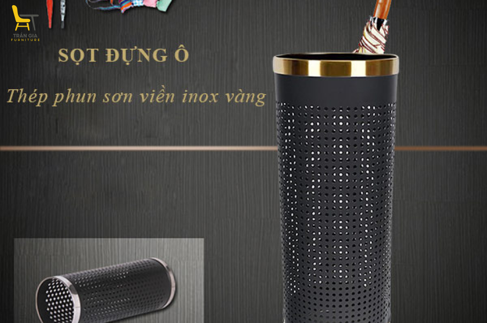 Sọt để ô dù thép sơn đen viền inox vàng/ trắng