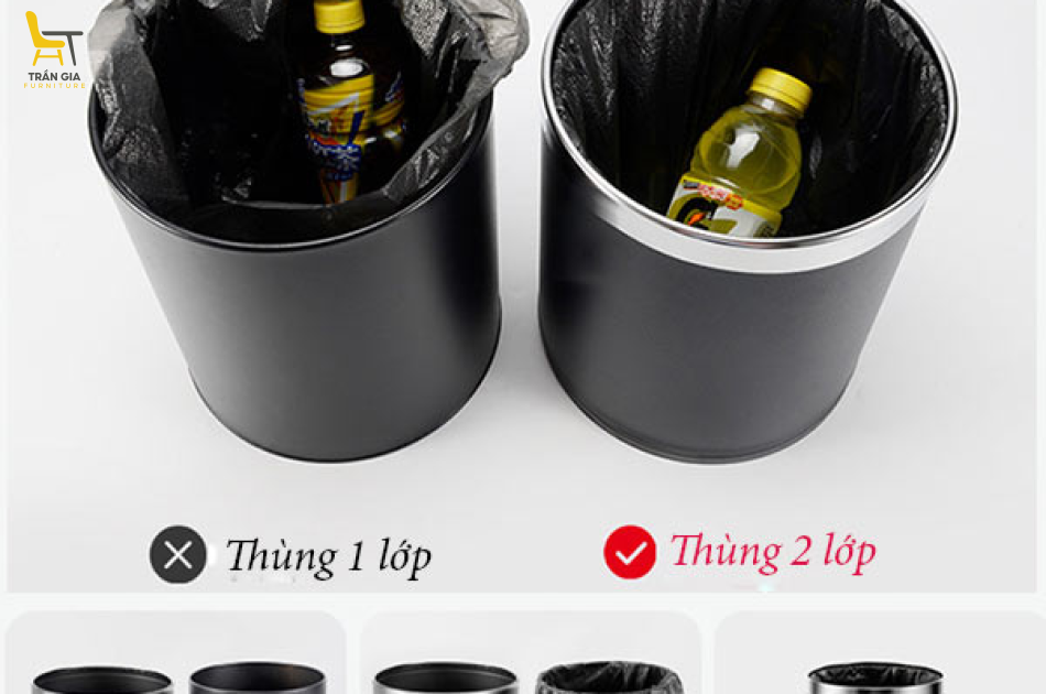 Thùng rác nhựa 2 lớp màu đen không nắp