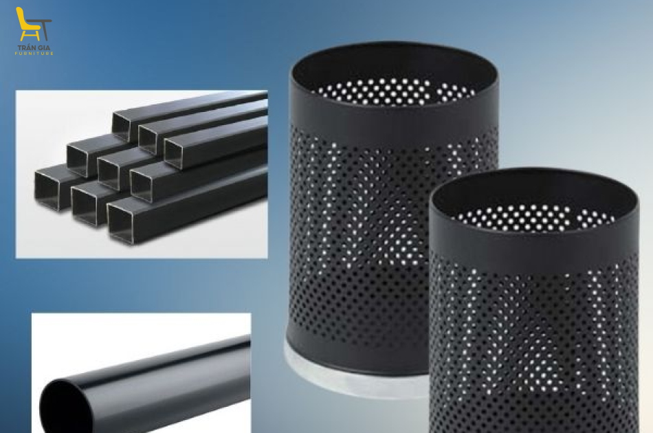 Thùng rác thép sơn tĩnh điện đen dập lỗ đế inox