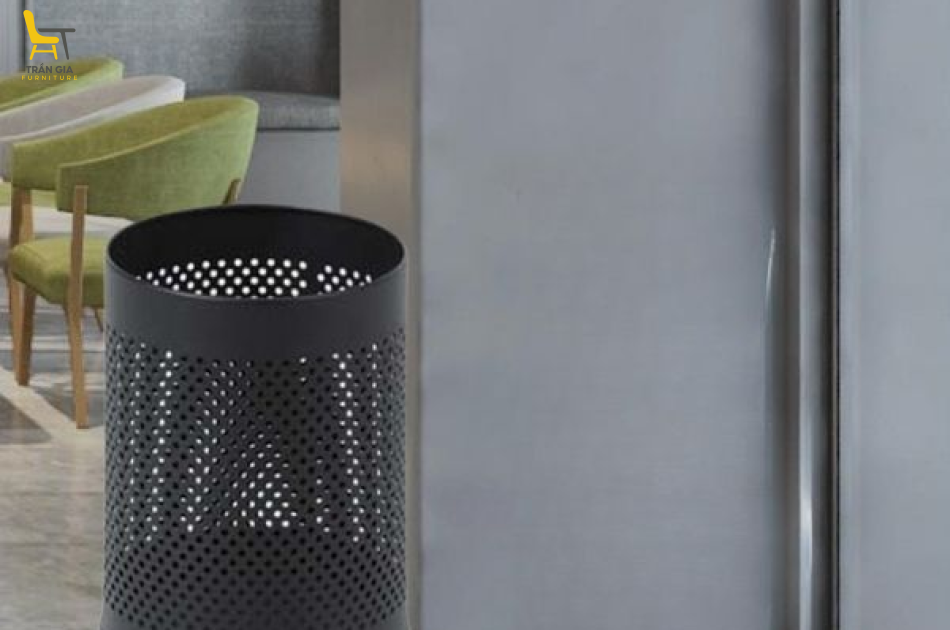 Thùng rác thép sơn tĩnh điện đen dập lỗ đế inox