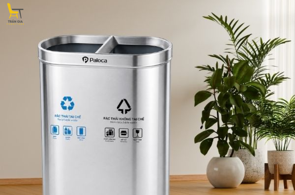 Thùng rác inox 2 ngăn nắp hở phân loại rác
