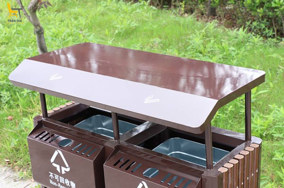 Thùng rác nhựa giả gỗ 2 ngăn có mái che