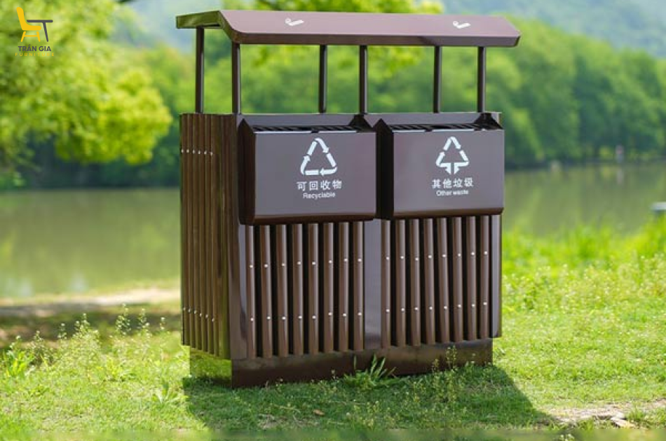 Thùng rác nhựa giả gỗ 2 ngăn có mái che