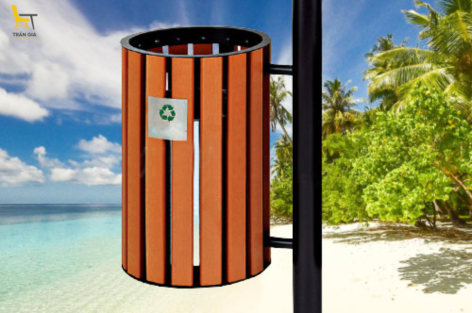 Thùng rác gỗ treo đơn ngoài trời có gạt tàn