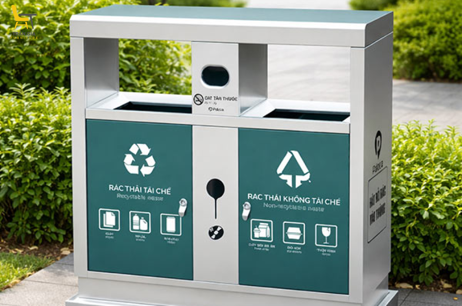 Thùng rác inox 2 ngăn có gạt tàn mặt trước