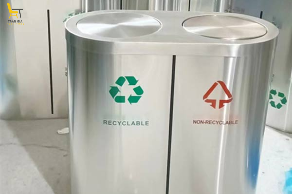Thùng rác inox nắp lật phân loại 2 ngăn