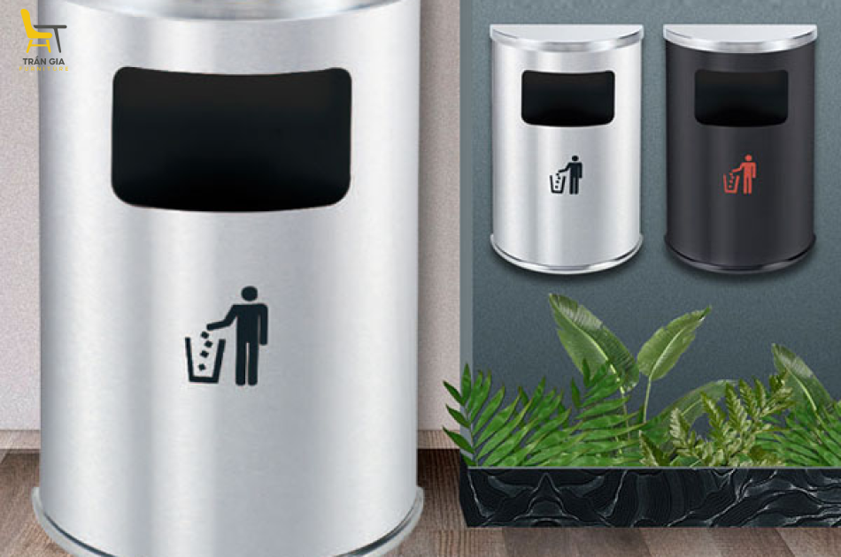 Thùng rác inox hình bán nguyệt trắng