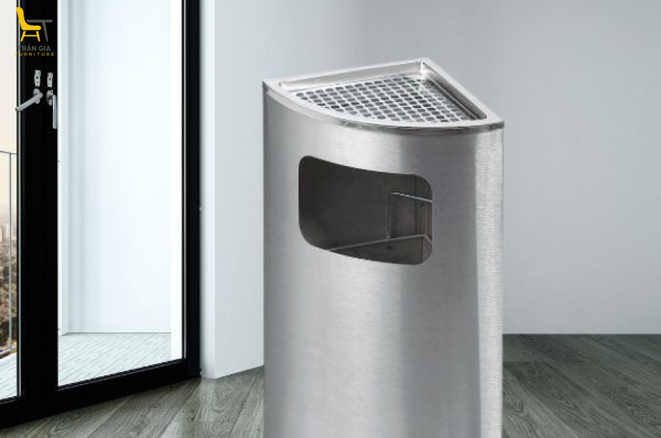 Thùng rác inox đặt góc có gạt tàn màu trắng