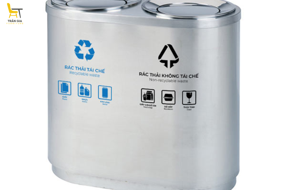 Thùng rác inox 2 ngăn nắp lật phân loại rác