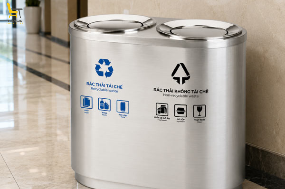 Thùng rác inox 2 ngăn nắp lật phân loại rác