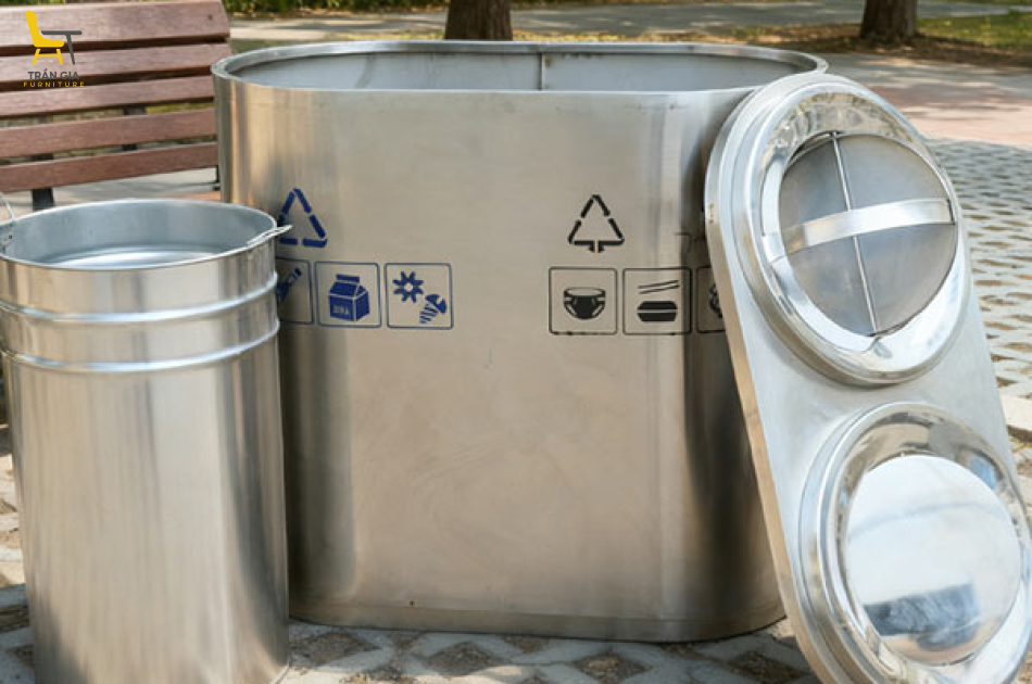 Thùng rác inox 2 ngăn nắp lật phân loại rác