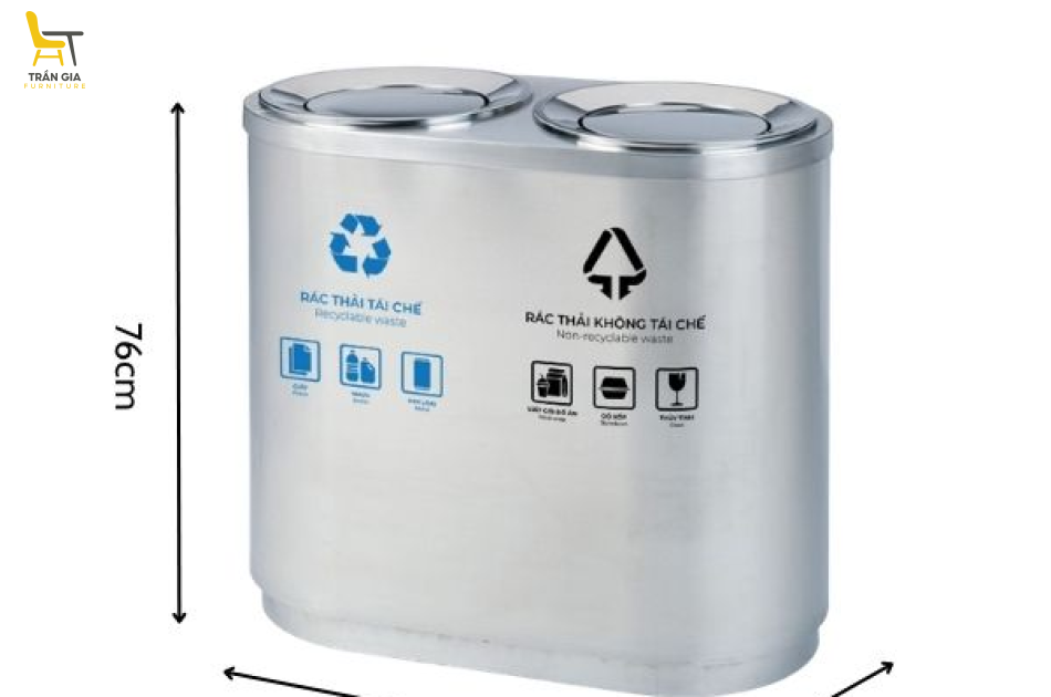 Thùng rác inox 2 ngăn nắp lật phân loại rác