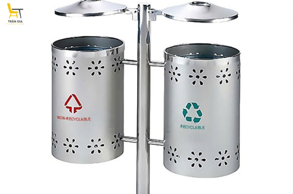 Thùng rác inox treo đôi ngoài trời có gạt tàn