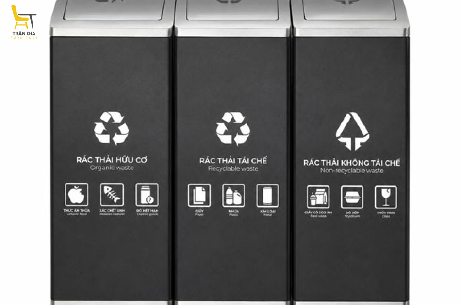 Thùng rác phân loại 3 ngăn bằng thép đen