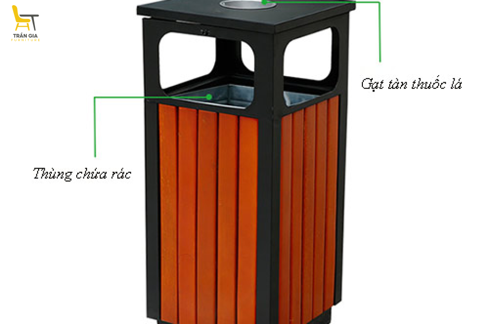 Thùng rác gỗ vuông ngoài trời có gạt tàn