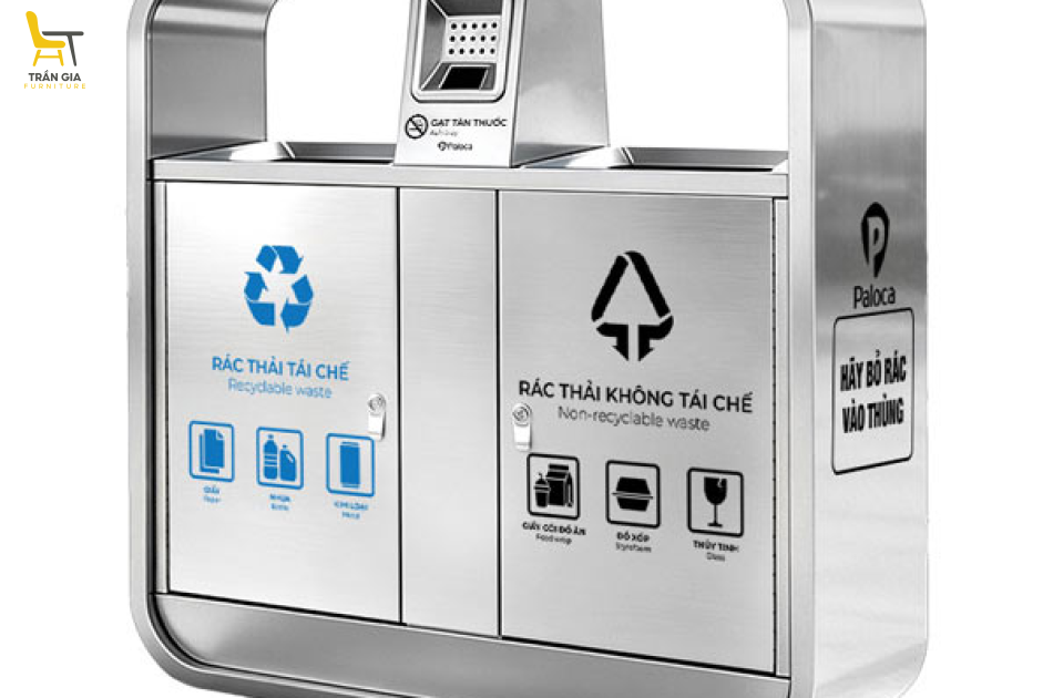 Thùng đựng rác inox 2 ngăn có gạt tàn cao cấp