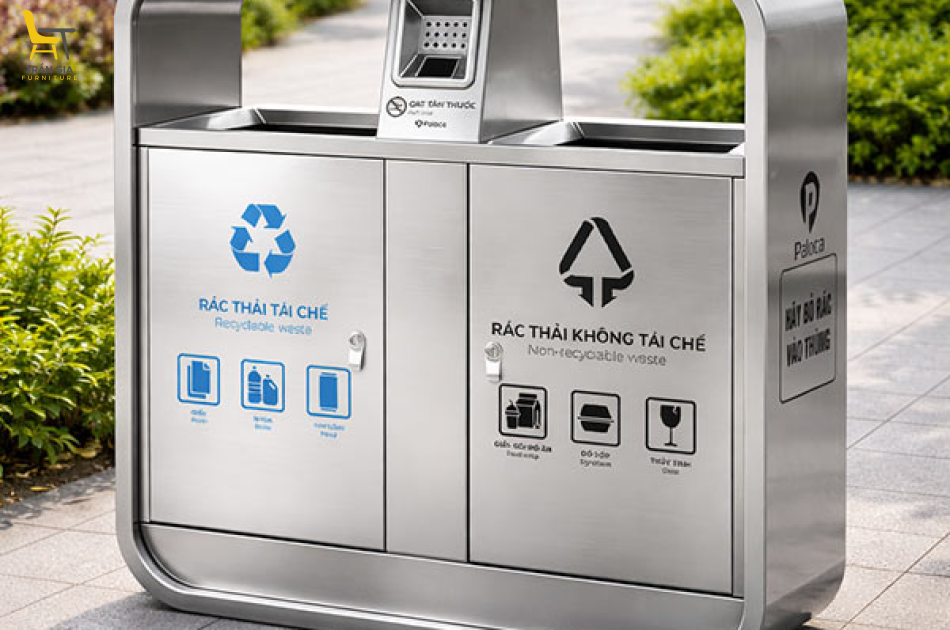 Thùng đựng rác inox 2 ngăn có gạt tàn cao cấp