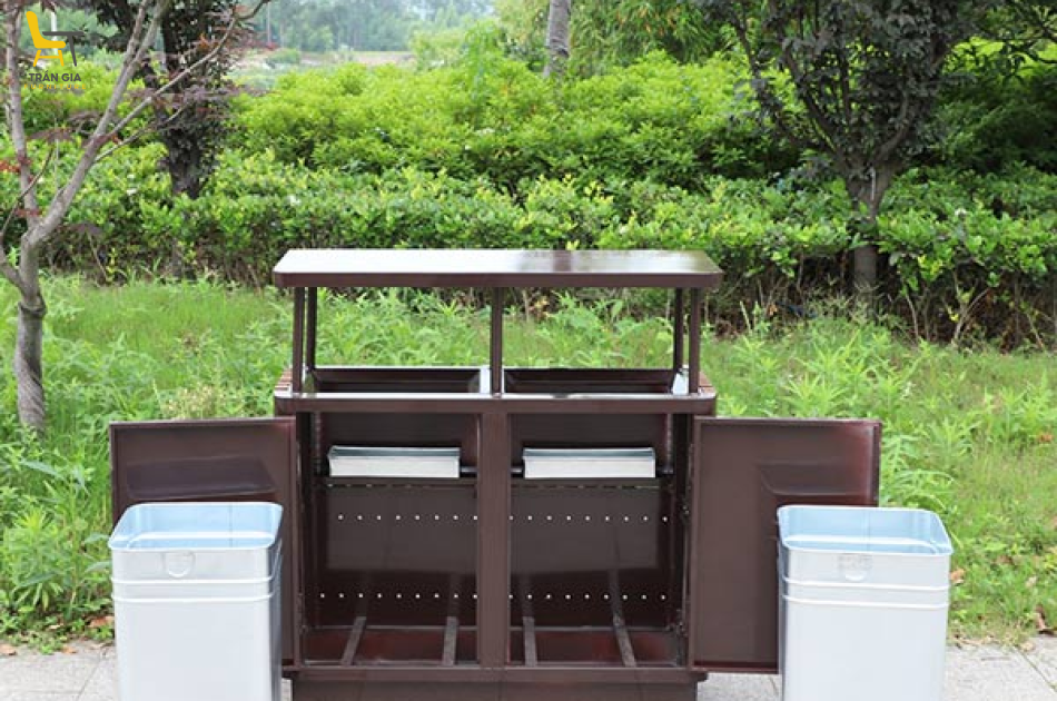 Thùng rác nhựa giả gỗ 2 ngăn có mái che
