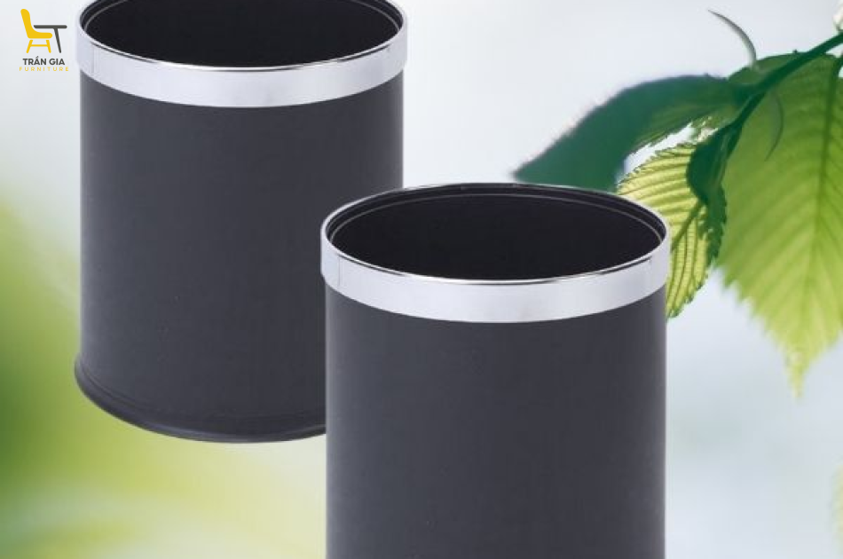 Thùng rác thép sơn đen 2 lớp viền Inox Ø22cm
