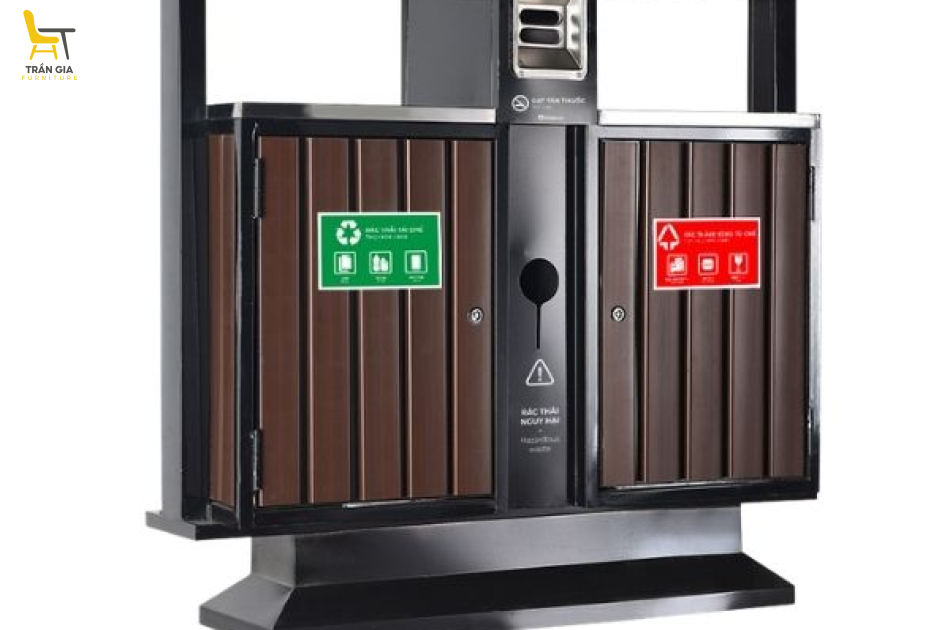 Thùng rác ngoài trời thép sơn giả gỗ hai ngăn