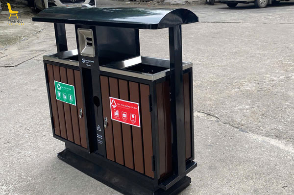 Thùng rác ngoài trời thép sơn giả gỗ hai ngăn