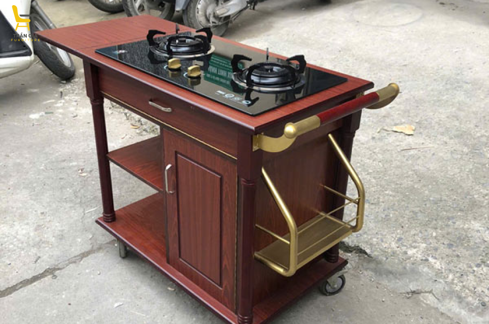 Xe đẩy bàn bếp di động có bếp gas đôi