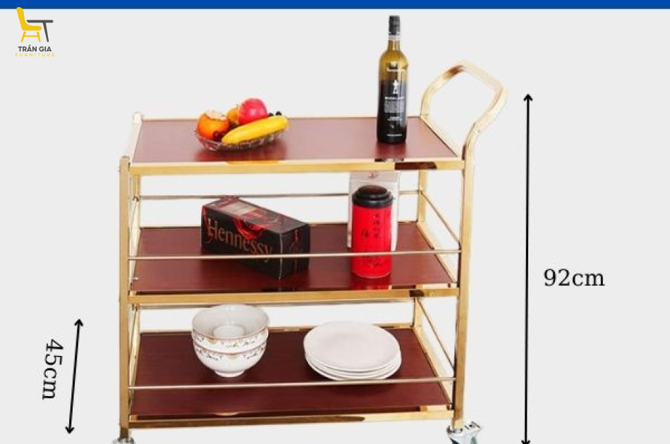 Xe đẩy phục vụ 3 tầng gỗ khung inox mạ vàng