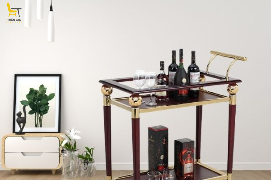 Xe phục vụ rượu đồ uống 2 tầng inox kết hợp gỗ