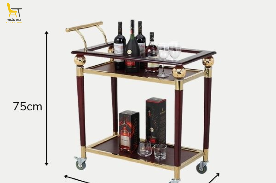 Xe phục vụ rượu đồ uống 2 tầng inox kết hợp gỗ