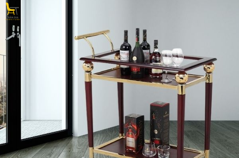 Xe phục vụ rượu đồ uống 2 tầng inox kết hợp gỗ