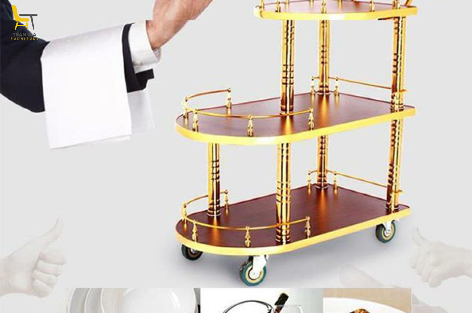 Xe phục vụ rượu inox mạ vàng 3 tầng cỡ lớn